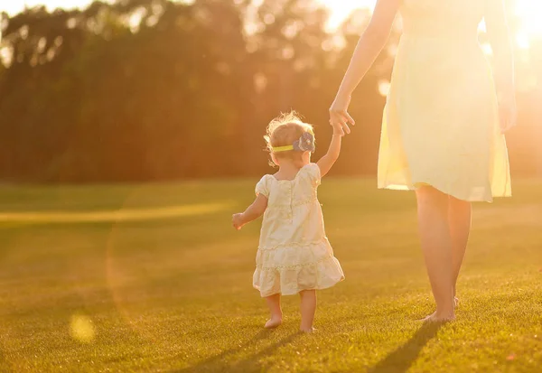 Mãe pequena menina ir grama mão pôr do sol vigas brilhos — Fotografia de Stock