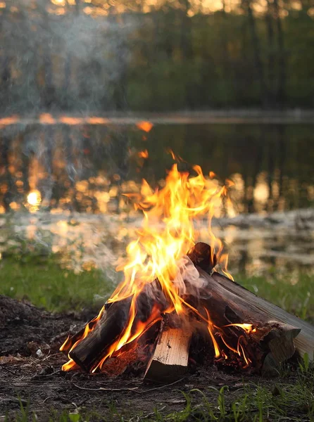 Feuer brennt am Fluss gestapeltes Brennholz — Stockfoto