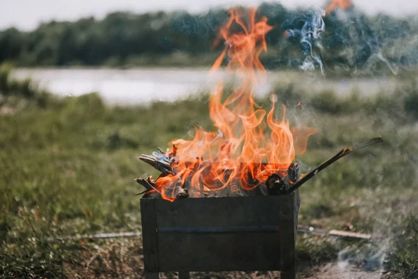 Grillen Feuer Rauch Brennholz Natur in der Nähe des Flusses — Stockfoto