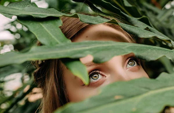 Rosto menina espreita através de folhas de palma trópicos — Fotografia de Stock