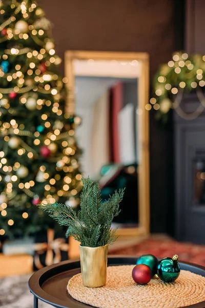 Interior house black golden fireplace christmas tree — Stock Photo, Image