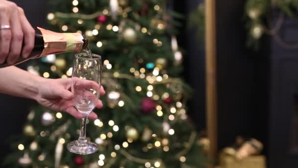 Slavnostní Slavnostní Šampaňské Nalévání Sklenice Plynem Bublinkami Pozadí Vánočního Stromečku — Stock video