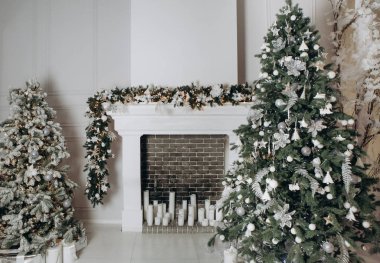 Yılbaşı ağacı, kar evi, beyaz iç mekan.