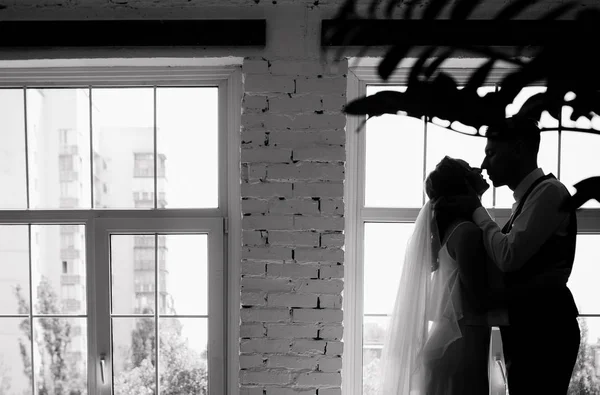 Silhouette newlyweds inside together kiss hug passion — 图库照片