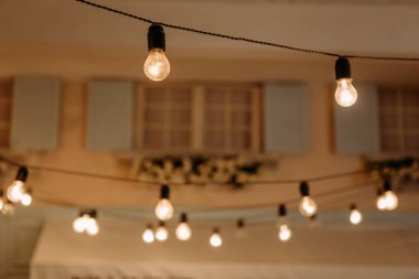 Ampuller retro çelenk evin dışında bitki örtüsü ve panjurlarla