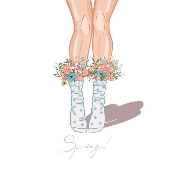 Girl Legs Knees Socks Flowers Holiday Spring Woman — Stock Vector