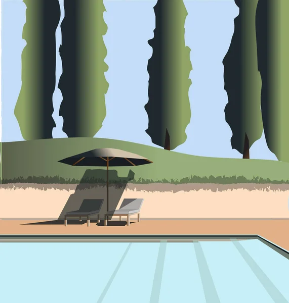 Piscine Été Extérieur Sans Personnes Une Chaise Longue Parasol Sur — Image vectorielle