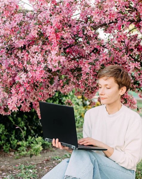 woman with laptop freelance working outside park sakura bloom pink