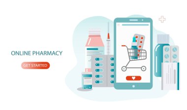 Çevrimiçi eczane teknolojisi göbek ve konsültasyon Hiçbir kontak vektör düz illüstrasyon