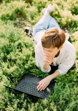 Yazın parkta çim kadın üzerinde bilgisayar iletişimi ve teknolojisi ile