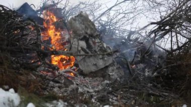 Kamera fırça kazık ateşe sisli kış sabahı slaytlar 