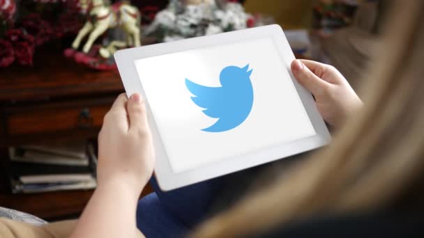 Circa January 2018 Woman Looking Twitter Logo Her Tablet — Stock Video