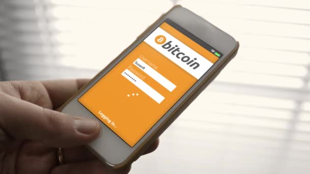 Pessoa Fazendo Login Uma Página Site Bitcoin Smartphone — Vídeo de Stock