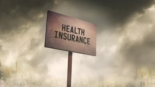 Ominous Rusty Sign Post Apocalyptic City Background Health Insurance Typography — Stock Video