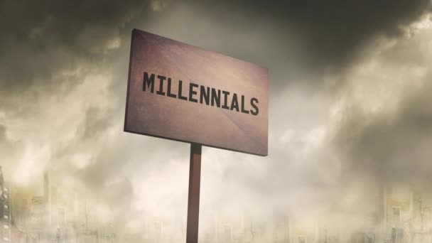 Ominoso Segno Arrugginito Sullo Sfondo Post Apocalittico Della Città Millennials — Video Stock