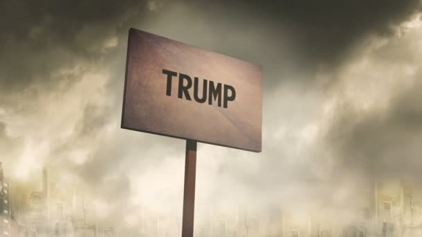 Onheilspellend Roestig Teken Tegen Post Apocalyptische Stad Achtergrond Trump Typografie — Stockvideo