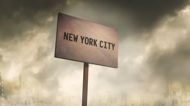 Onheilspellend Roestig Teken Tegen Post Apocalyptische Stad Achtergrond New York — Stockvideo