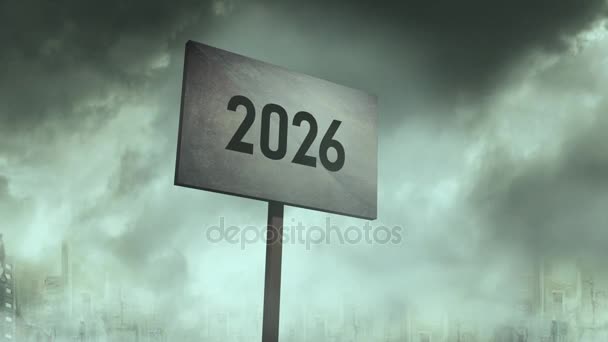 Ominous Rusty Sign Post Apocalyptic City Background 2026 Typography — Stock Video