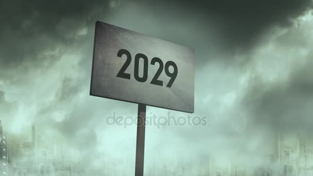 Ominous Rusty Sign Post Apocalyptic City Background 2029 Typography — Stock Video