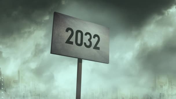 Ominous Rusty Sign Post Apocalyptic City Background 2032 Typography — Stock Video