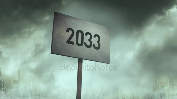 Ominous Rusty Sign Post Apocalyptic City Background 2033 Typography — Stock Video