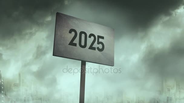 Ominous Rusty Sign Post Apocalyptic City Background 2025 Typography — Stock Video