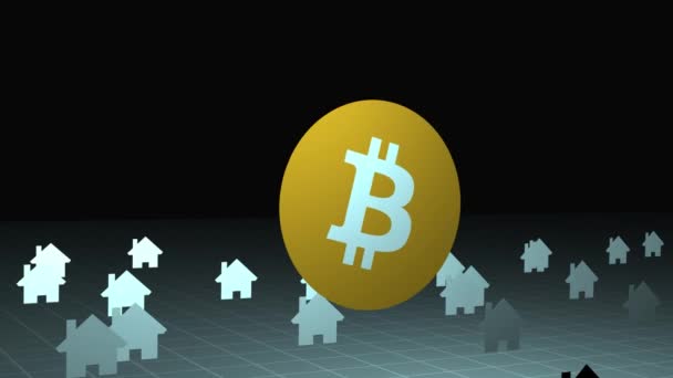 Ominoso Símbolo Bitcoin Levantamiento Tierra Alrededor Racimo Casas — Vídeo de stock