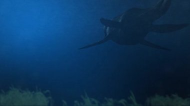 Simolestes - plesiosaur soyu tükenmiş bir türü geç Jurassic okyanus - havadan görünümü içinde yüzüyor.