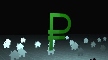 Uğursuz Rus ruble sembolü yükselen dünyanın etrafında küme evlerin dışında