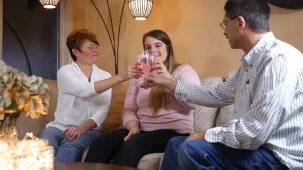 Happy Family Toasting Something Celebrating Champagne Living Room — Stock Video