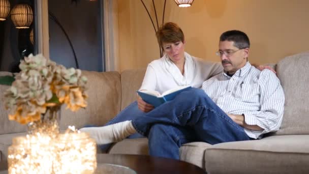 Одружений Чоловік Жінка Насолоджуються Хорошою Книгою Дивані — стокове відео