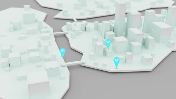 Иконки Беспроводного Интернета Wifi Появляются Моделируемом Городе — стоковое видео