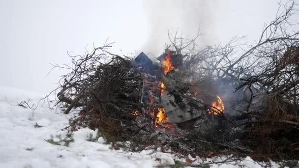 Fotocamera Scorrere Passato Pennello Pile Fiamme Sulla Nebbia Mattina Inverno — Video Stock