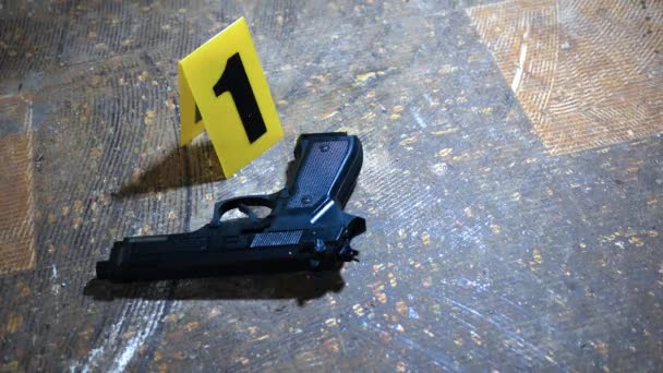 Shining Flashlight 9Mm Handgun Murder Scene Evidence Marker — Stock Video