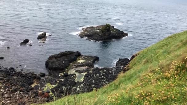 Kurkistaa Alas Reunan Yli Giant Causeway Kallion Edessä Pohjois Atlantilla — kuvapankkivideo