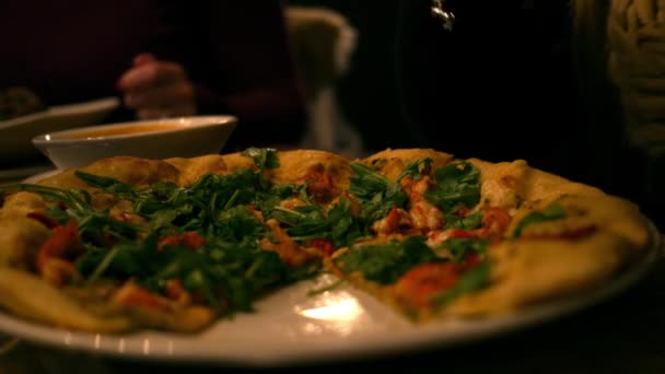 Luxurious Crawfish Flatbread Dish Being Consumed Woman Fancy Restaurant — Stock Video