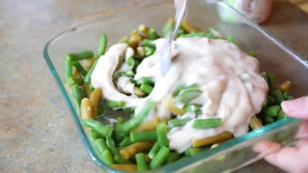 Mixing Fat Free Mushroom Soup Green Bean Casserole Alt Angle — Stock Video