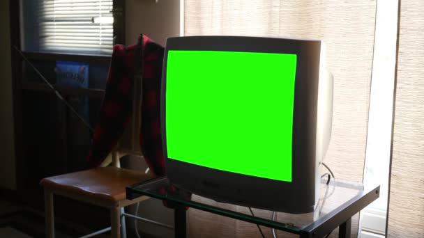 Large Thick Standard Definition Green Screen Genérico Televisión Sala Estar — Vídeos de Stock