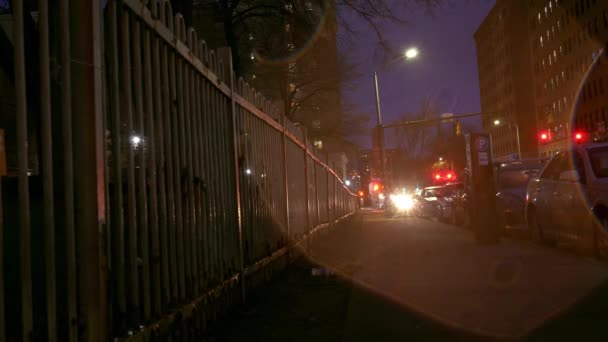 Night Timelapse City Dark Rainy Evening Old Fence Sidewalk — Stock Video