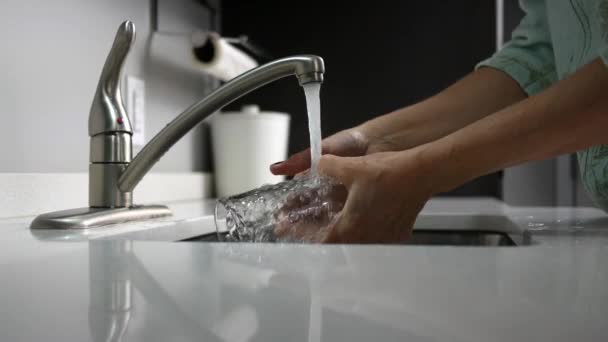 一个女人在现代厨房水槽里洗玻璃 Alt — 图库视频影像