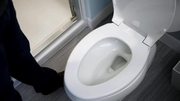 Bir Tesisatçı Test Modern Banyo Bir Tuvalet Basması — Stok video