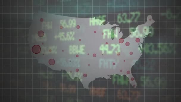 コロナウイルスまたは流行の概念 米国をフィーチャーした地図発生アニメーション 金融株式市場バージョン — ストック動画