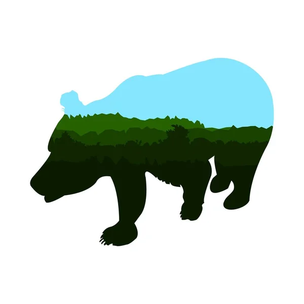 Sylwetka niedźwiedź brunatny. Podwójnej ekspozycji. Odcienie zieleni i błękitu. Wektor — Wektor stockowy