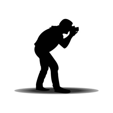 Saydam bir arka plan üzerinde izole bir kamera ile bir adam silüeti. Vektör