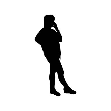 Telefonda konuşan bir kadının silueti beyaz arka planda izole edilmiş. Stok vektörü grafiği