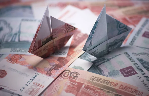 Bankovky Origami Loď Pozadí Peníze — Stock fotografie