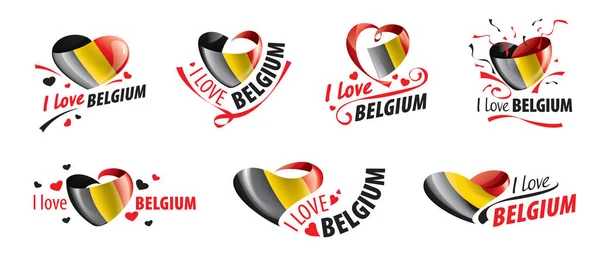 Bendera nasional Belgia dan tulisan I love Belgium. Ilustrasi vektor - Stok Vektor