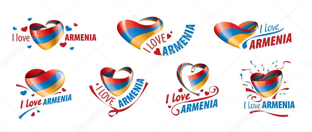The national flag of the Armenia and the inscription I love Armenia. Vector illustration