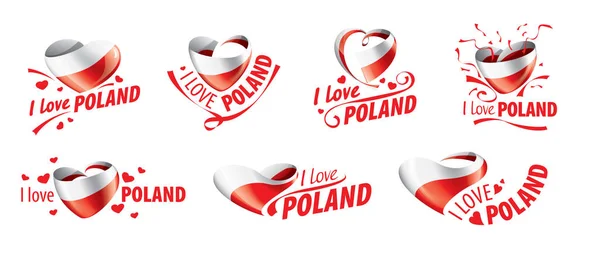 La bandera nacional de Polonia y la inscripción Me encanta Polonia. Ilustración vectorial — Vector de stock