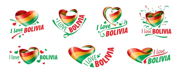 La bandera nacional de Bolivia y la inscripción Me encanta Bolivia. Ilustración vectorial — Vector de stock